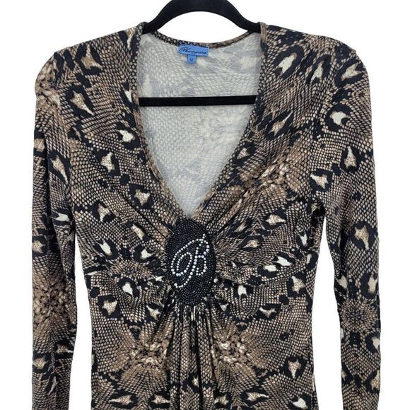 Vintage 90s Bluemarine Bodycon Dress M Brown Plunging V Logo Ruched Snake Italy - Picture 4 of 10